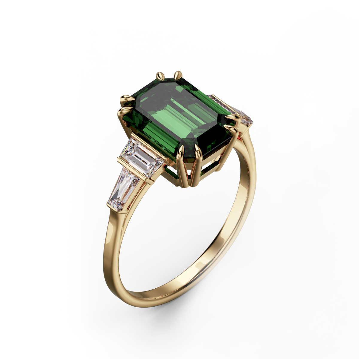 Emerald-cut green tourmaline ring in yellow gold with tapered baguette diamond shoulders